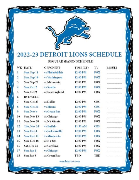 Detroit Lions Schedule 2022 Printable